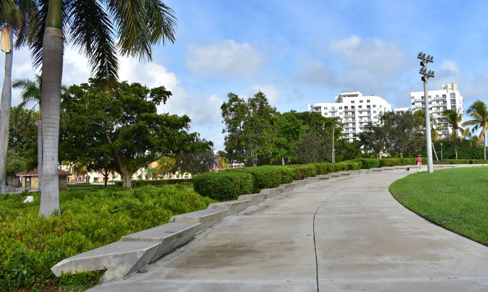 Lawn, palms and paths at Young Circle Park in downtown Hollywood, Florida