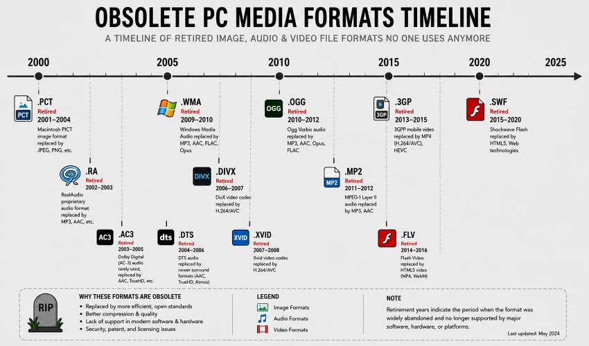 Timeline showing obsolete PC media formats from 2000 to 2025