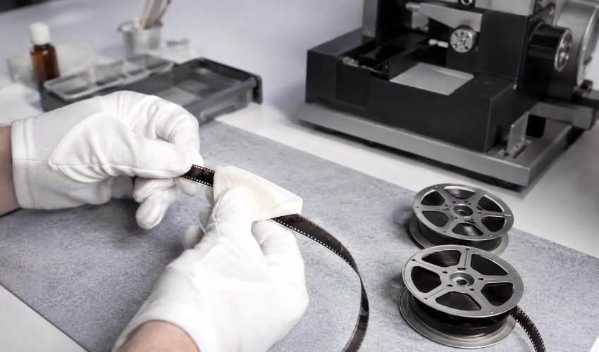 White gloved hands examining 8mm film strip with projector equipment