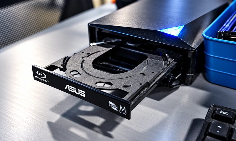 A Blu-ray drive with its tray open at the Forever Studios disc bench