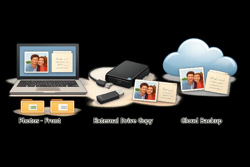External hard drive and cloud storage icon representing multiple backup copies of digitized photos