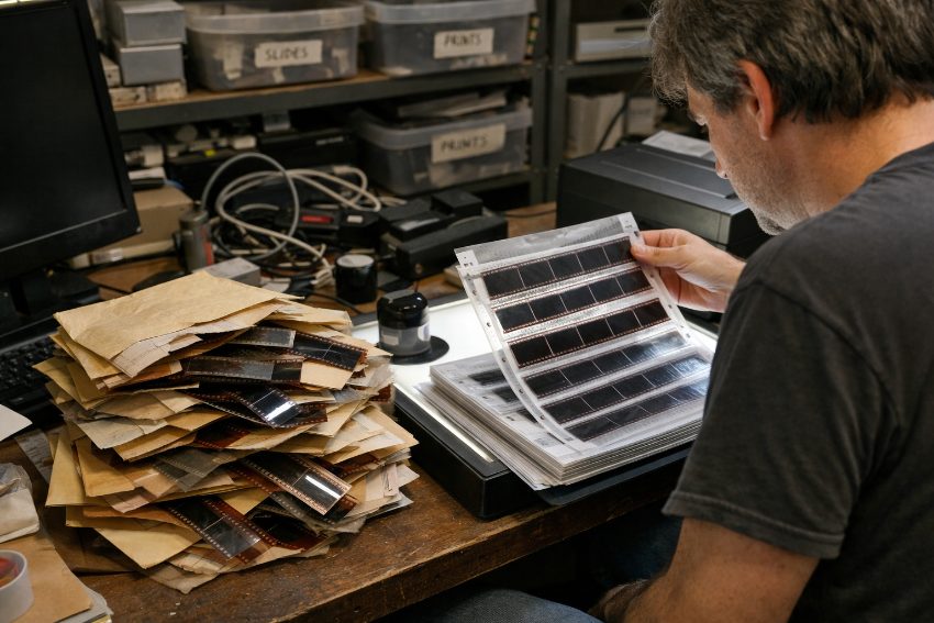 Stack of disorganized unlabeled negative strips beside organized archival sleeves