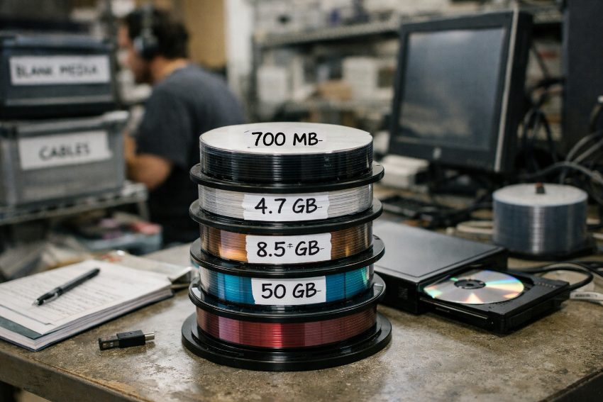 stacked CD DVD and Blu-ray discs with capacity labels showing 700 MB 4.7 GB and 25 GB