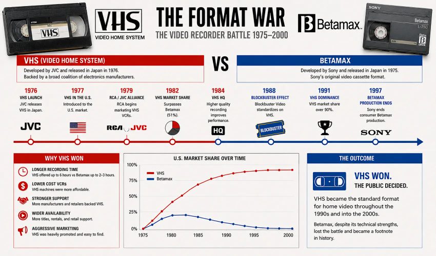Market share graph comparing VHS and Betamax adoption 1976-1988