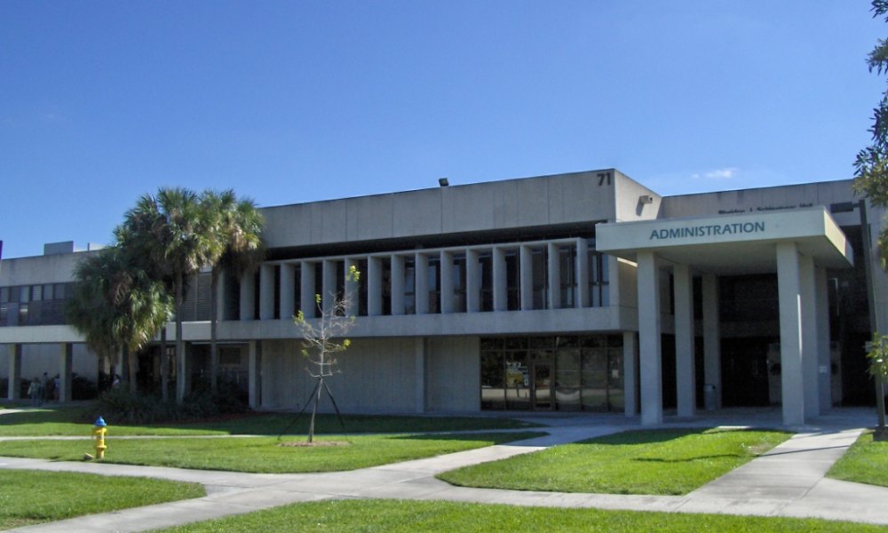 A campus building and walkway at Broward College South Campus in Pembroke Pines