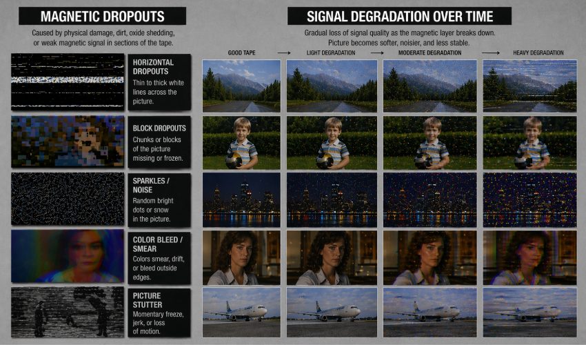 Side by side reference showing what magnetic dropouts look like during VHS playback, compared to progressive signal degradation over time, with frame samples demonstrating each failure mode