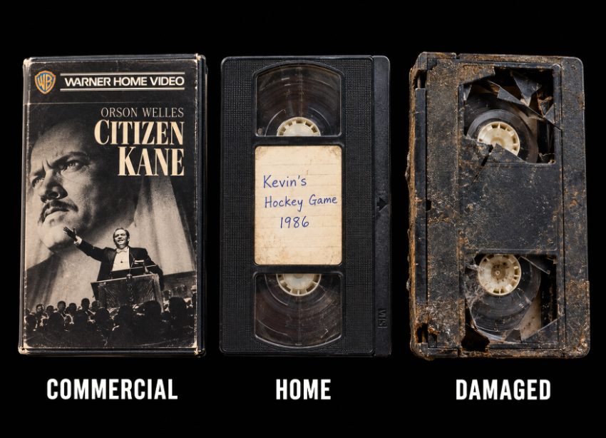 Three VHS tapes showing commercial release, home recording, and damaged condition
