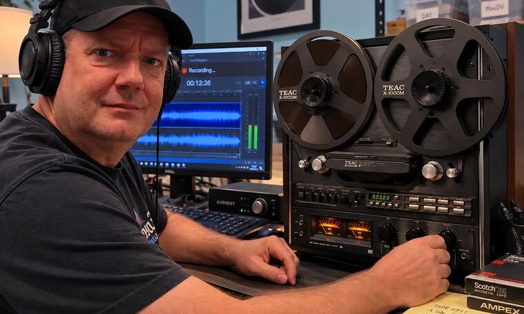 A Forever Studios technician running a reel to reel transfer while the waveform records