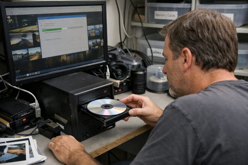 computer DVD burner drive writing JPEG photo files to recordable DVD-R disc