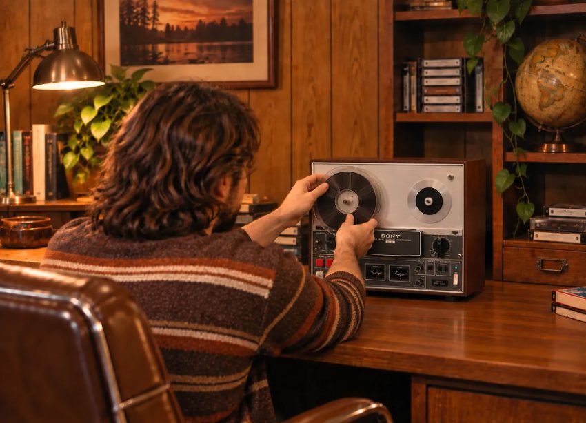 Person operating vintage Sony reel-to-reel audio tape recorder at wooden desk
