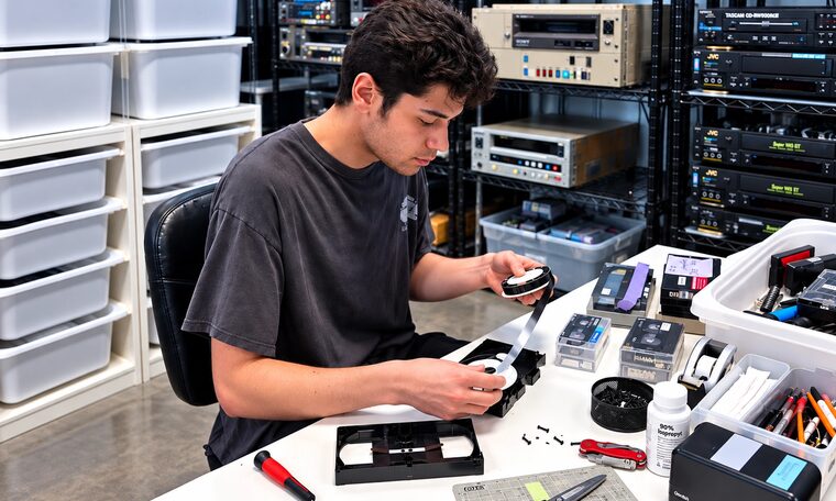 A Forever Studios technician repairing a cassette by hand at the bench