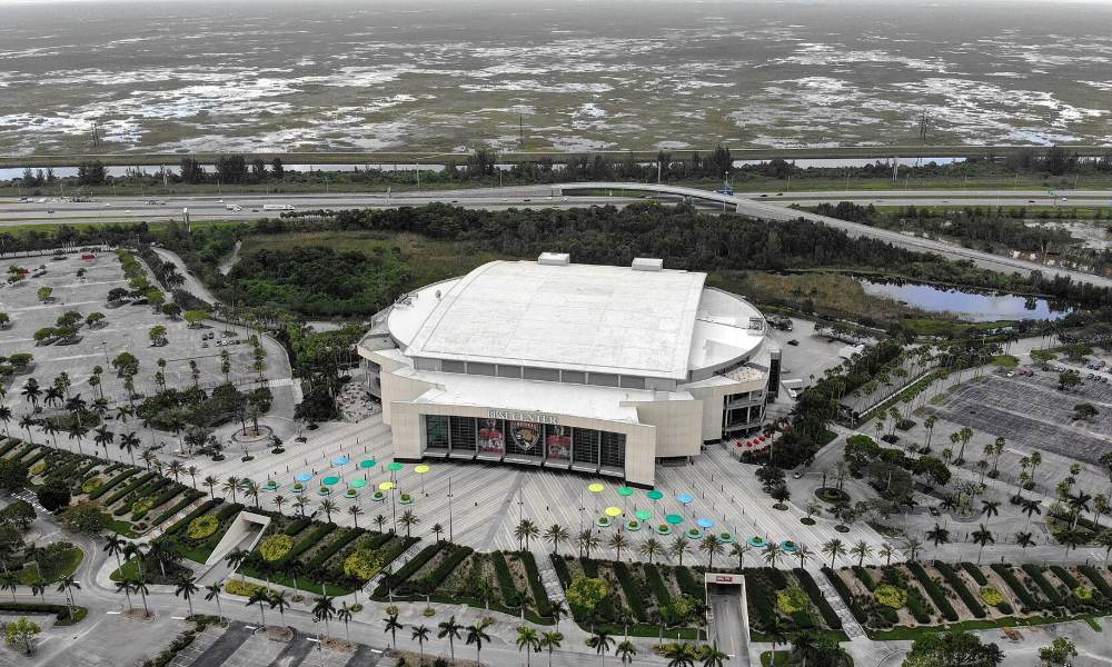 An aerial view of the arena in Sunrise, Florida and its parking lots