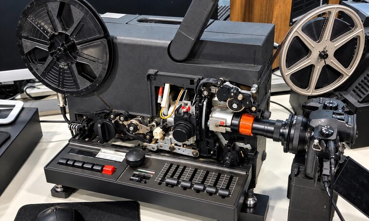 A film scanner with a camera mounted at the gate in the Forever Studios film room