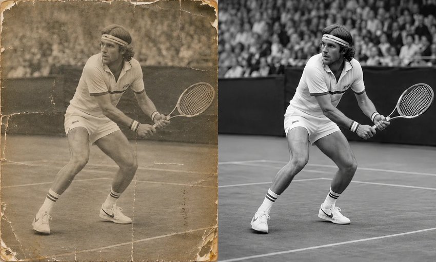 Torn faded 1940s portrait before and after professional hand restoration comparison