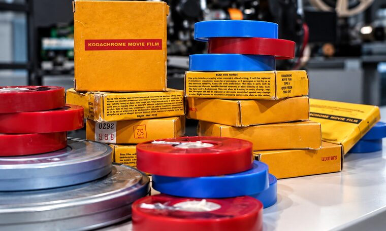 Kodachrome movie film boxes and reels waiting at the Forever Studios film bench