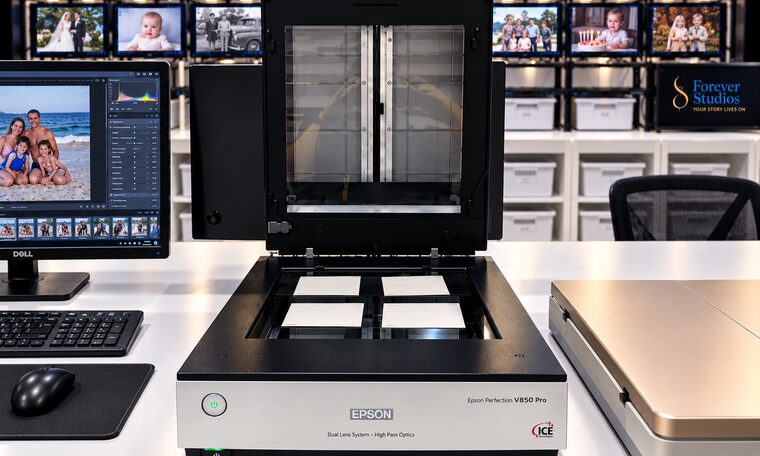 A flatbed photo and slide scanner at a Forever Studios scanning station