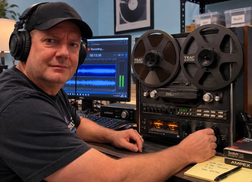 Audio engineer wearing headphones at reel-to-reel tape deck digitizing analog recordings