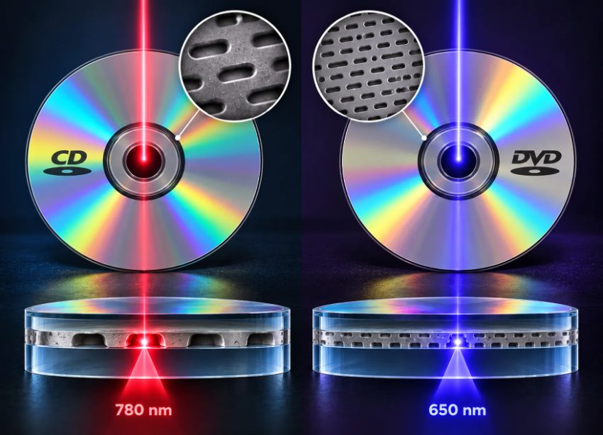 CD and DVD disc comparison showing different laser wavelengths and data pit structures