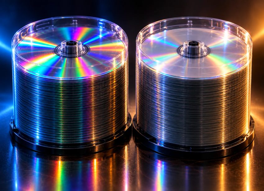 Two stacks of optical discs in clear cases showing rainbow reflections