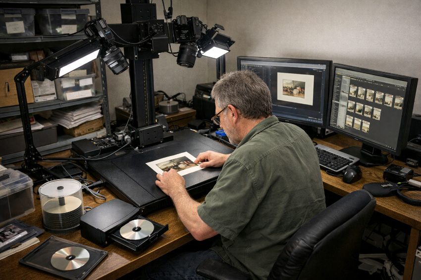 professional photo scanning setup showing high-resolution digitization from print to digital file on DVD