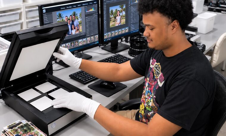 A Forever Studios technician handling photographs with cotton gloves at the scanner