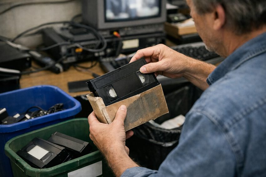 close-up of VHS tape being removed from cardboard sleeve for disposal or recycling