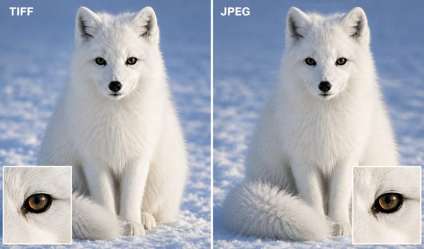 TIFF versus JPEG image format comparison showing white arctic fox detail