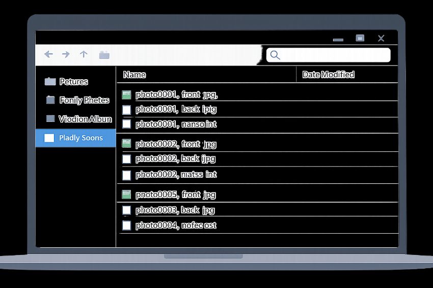 Computer folder showing paired photo files with matching identifiers for front and back images