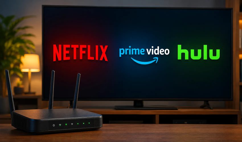 Smart TV displaying Netflix Hulu Amazon Prime streaming app icons