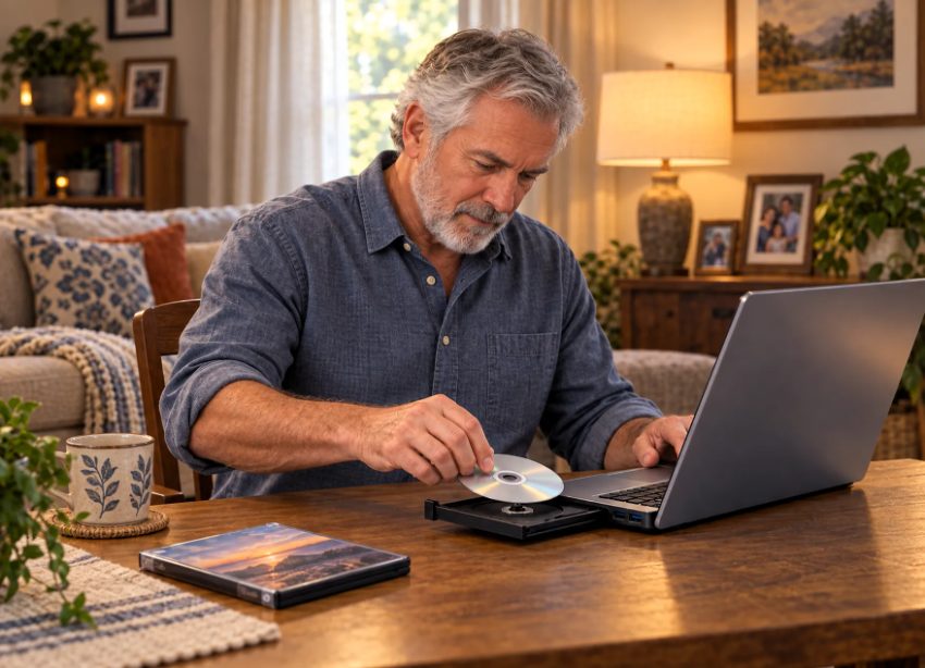 Man placing DVD disc into external drive for digital preservation