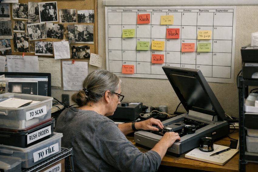 Calendar with photo boxes showing deadline planning for scanning project timelines and rush decisions