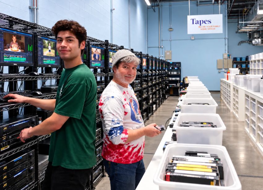 Two technicians working in VHS tape digitization facility with storage bins
