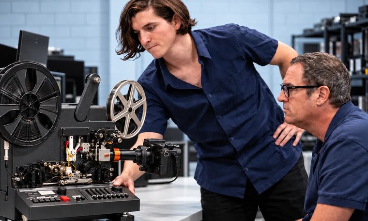 Two Forever Studios technicians setting up a film transfer