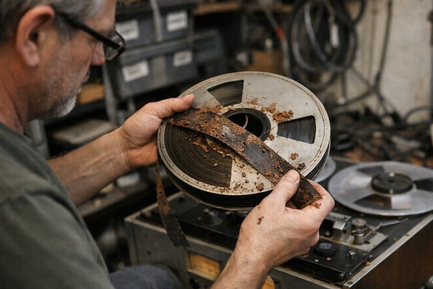 Close-up of damaged reel-to-reel tape surface with sticky-shed syndrome oxide shedding and deteriorating binder layer