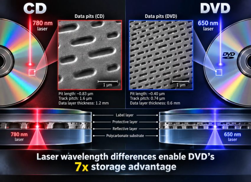 CD and DVD data storage comparison showing laser wavelength differences and pit structures
