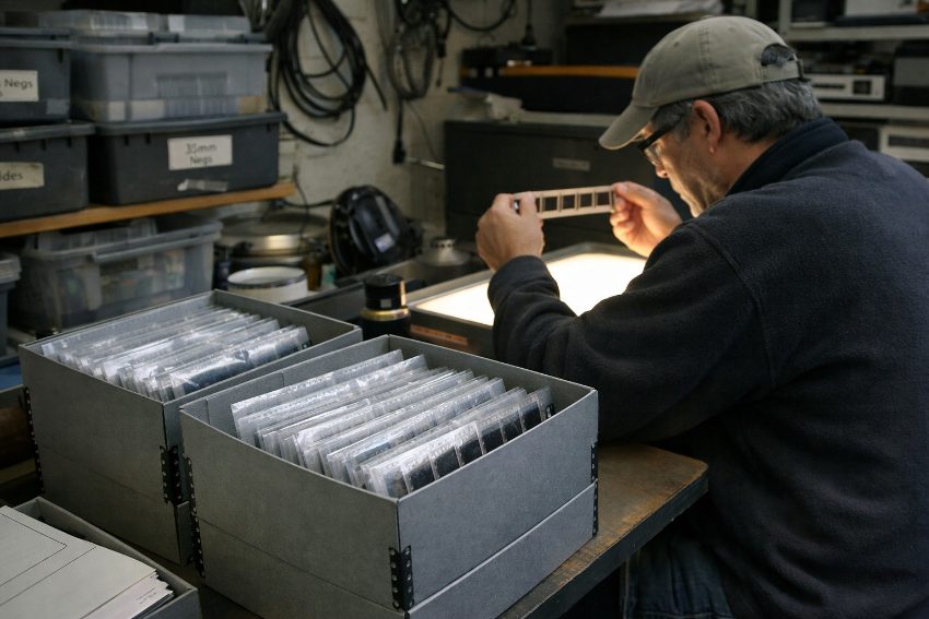 Archival negative storage sleeves with vertically filed film strips in acid-free preservation boxes