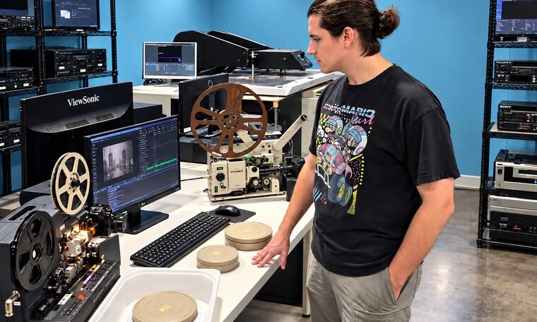 A Forever Studios technician at the film bench with reels and a projector