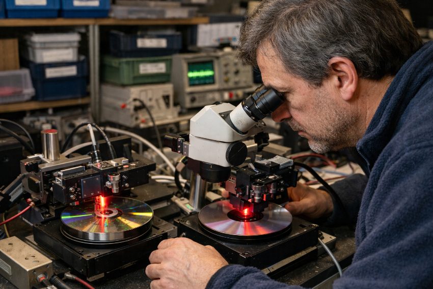 red laser assembly reading densely packed DVD data layer versus infrared laser on CD