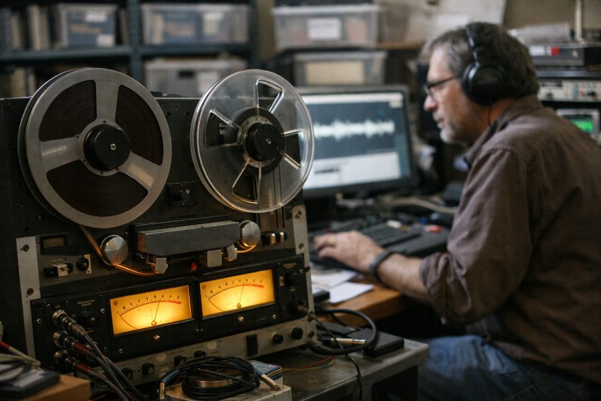 Professional reel-to-reel deck with illuminated analog VU meters during precision audio digitization transfer session