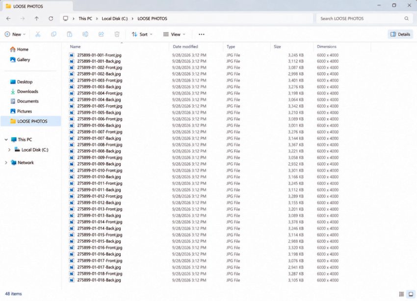Windows File Explorer showing folder of numbered photo scan files