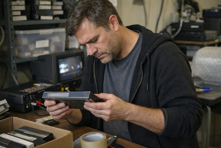 person holding VHS tape examining case for condition before donation or sale