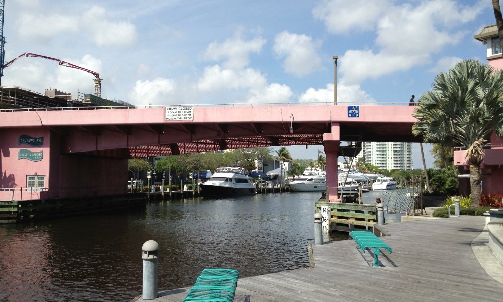 The Andrews Avenue bridge over the New River seen from the Riverwalk in Fort Lauderdale