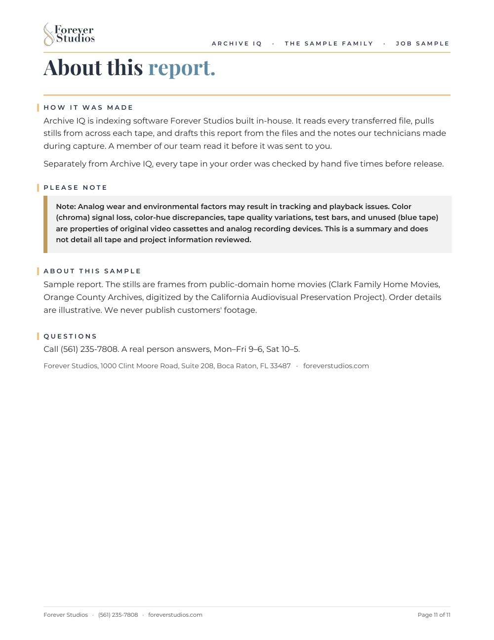 Archive IQ sample report, page 11 of 11: About this report