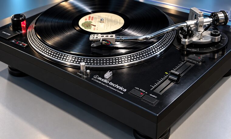 A turntable with a record cued up on the Forever Studios audio bench