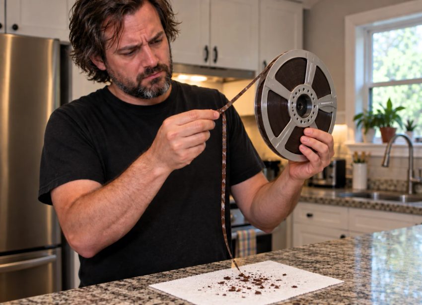 Man examining damaged reel-to-reel audio tape in kitchen workspace
