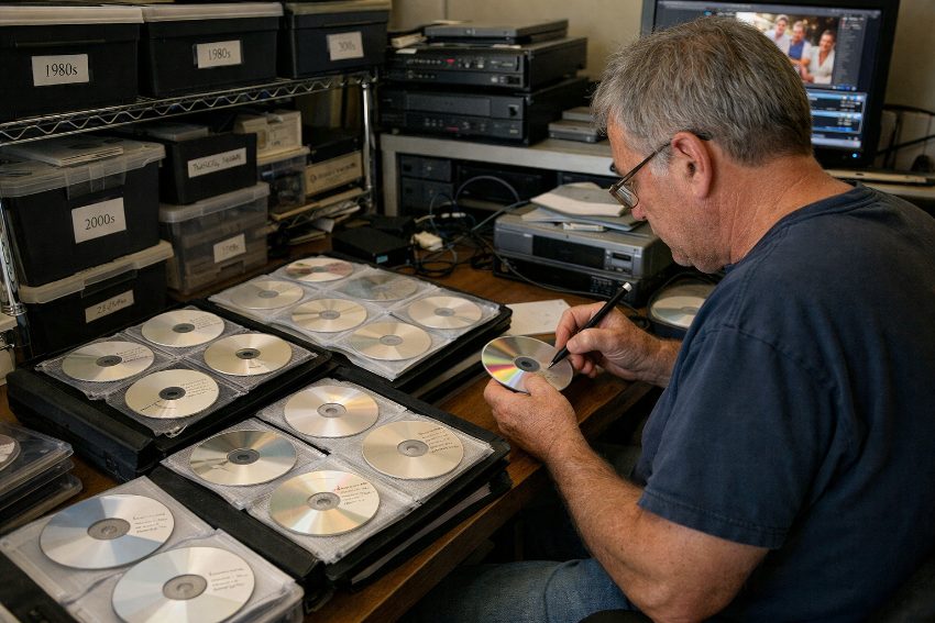 organized labeled DVD and CD collection in protective sleeves for long-term family memory storage