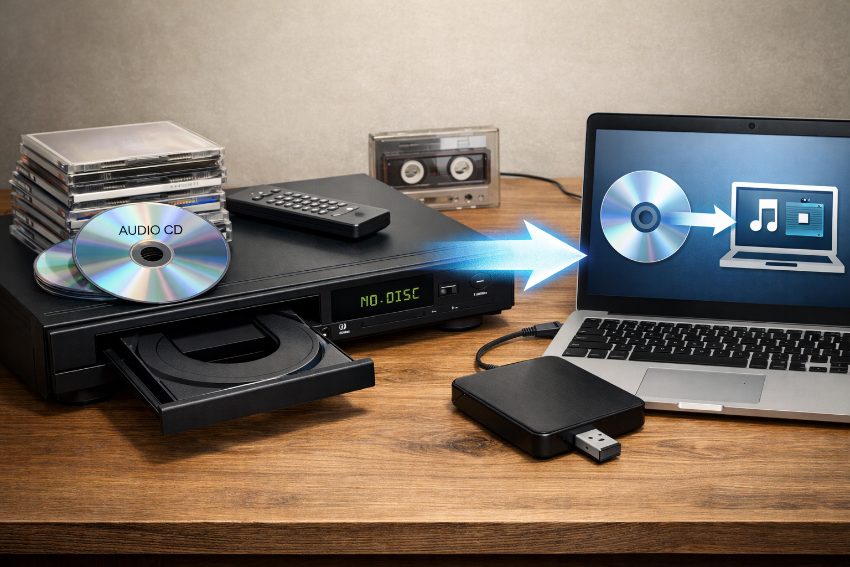 Audio CD collection next to DVD player with digital transfer concept