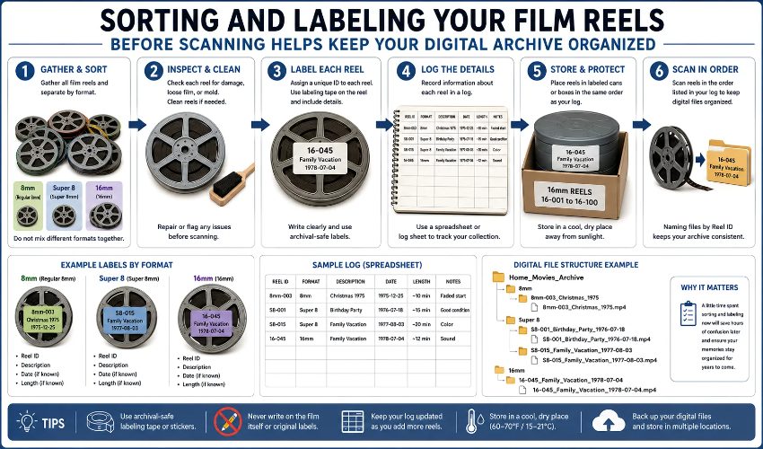 Six-step film reel sorting and labeling process for archival digitization