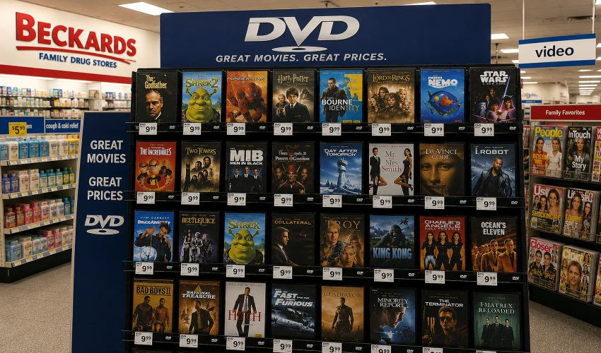 Video rental store shelf rows filled with colorful VHS movie tapes