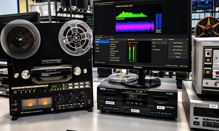 Reel to reel, cassette and DAT decks at the Forever Studios audio bench